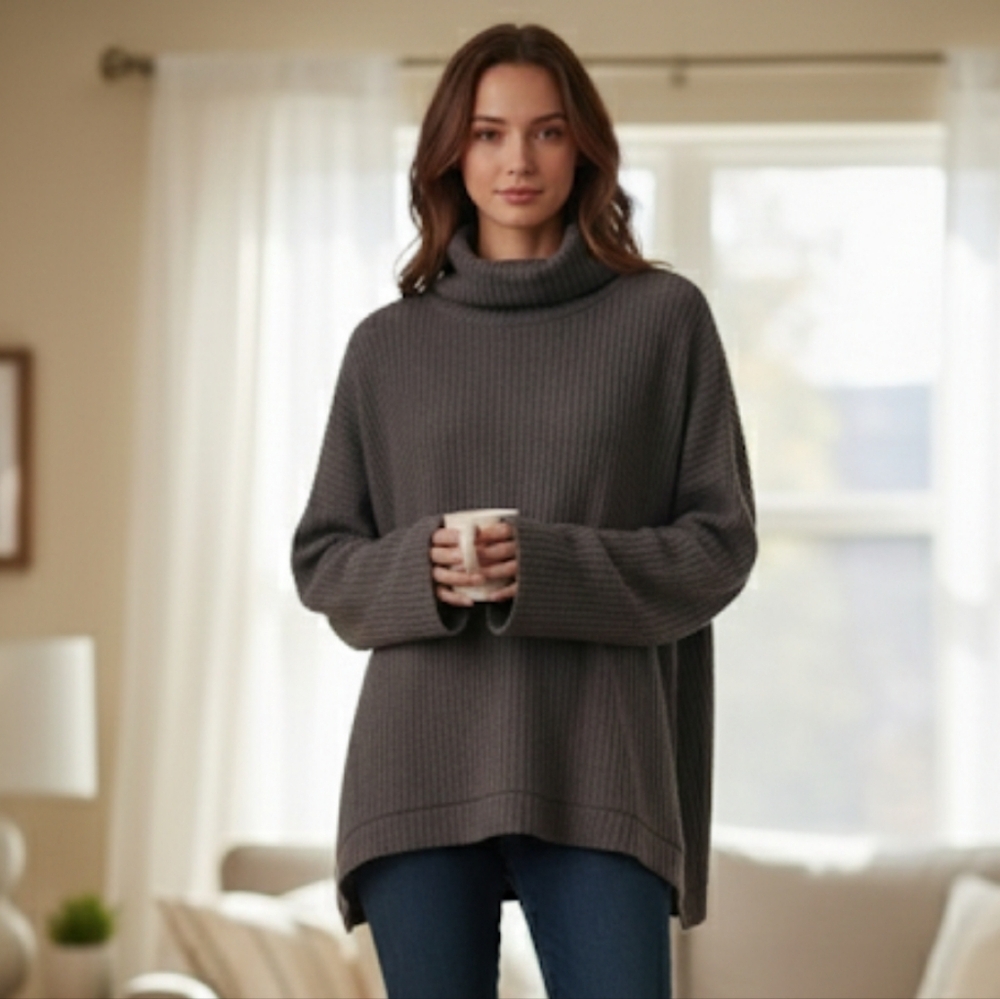 Waffle Knit Charcoal Cowl Neck Sweater Women's Small Cabincore Cozy Scandi